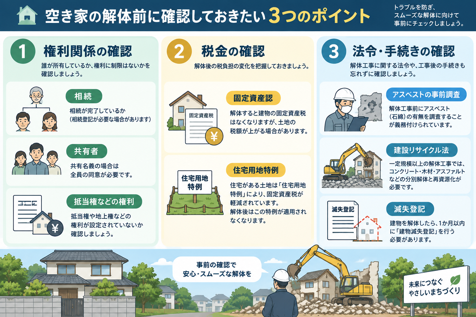 空き家解体前に確認する権利関係、固定資産税、法令手続きの一覧