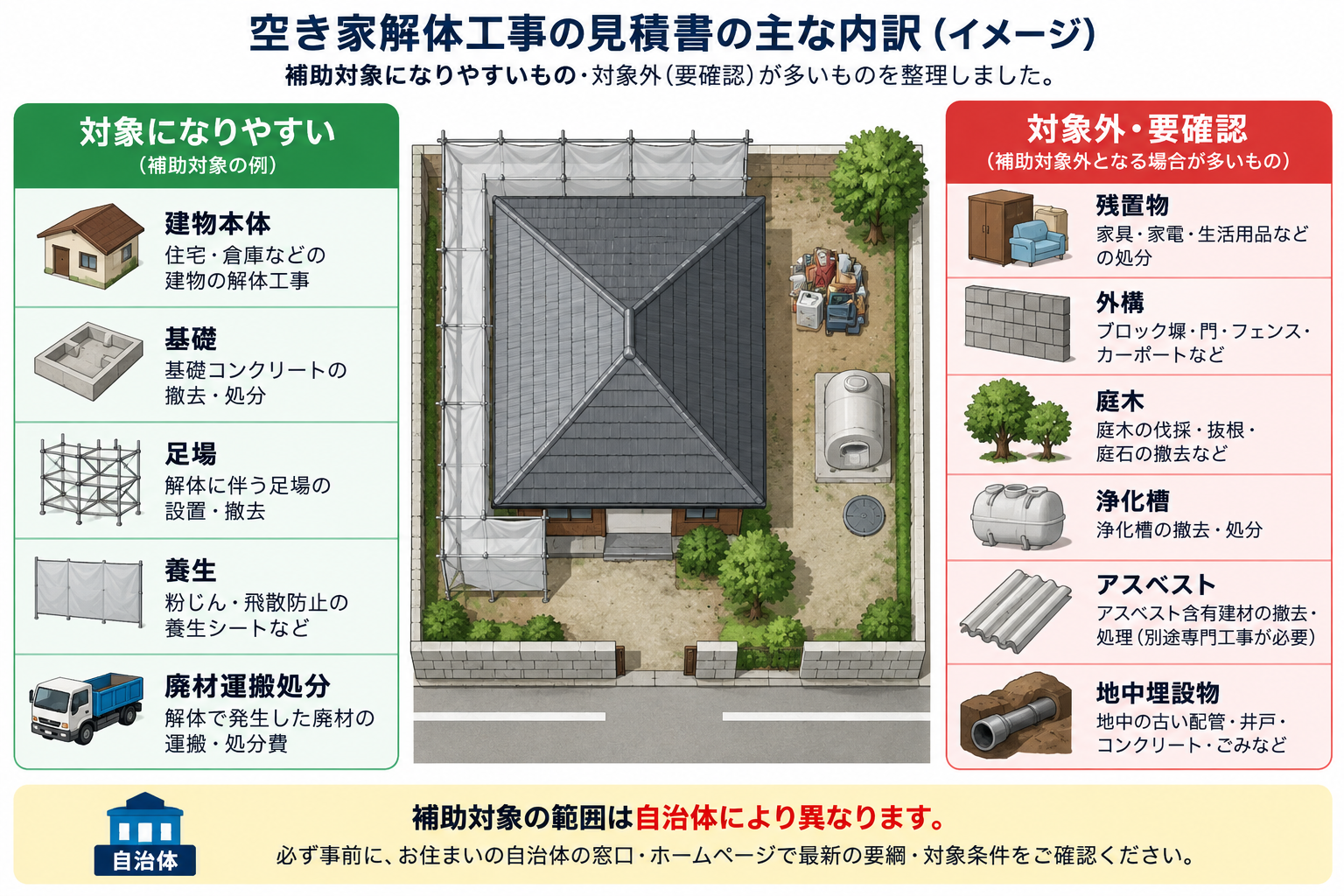 空き家解体補助金で対象になりやすい費用と対象外・要確認の費用の比較
