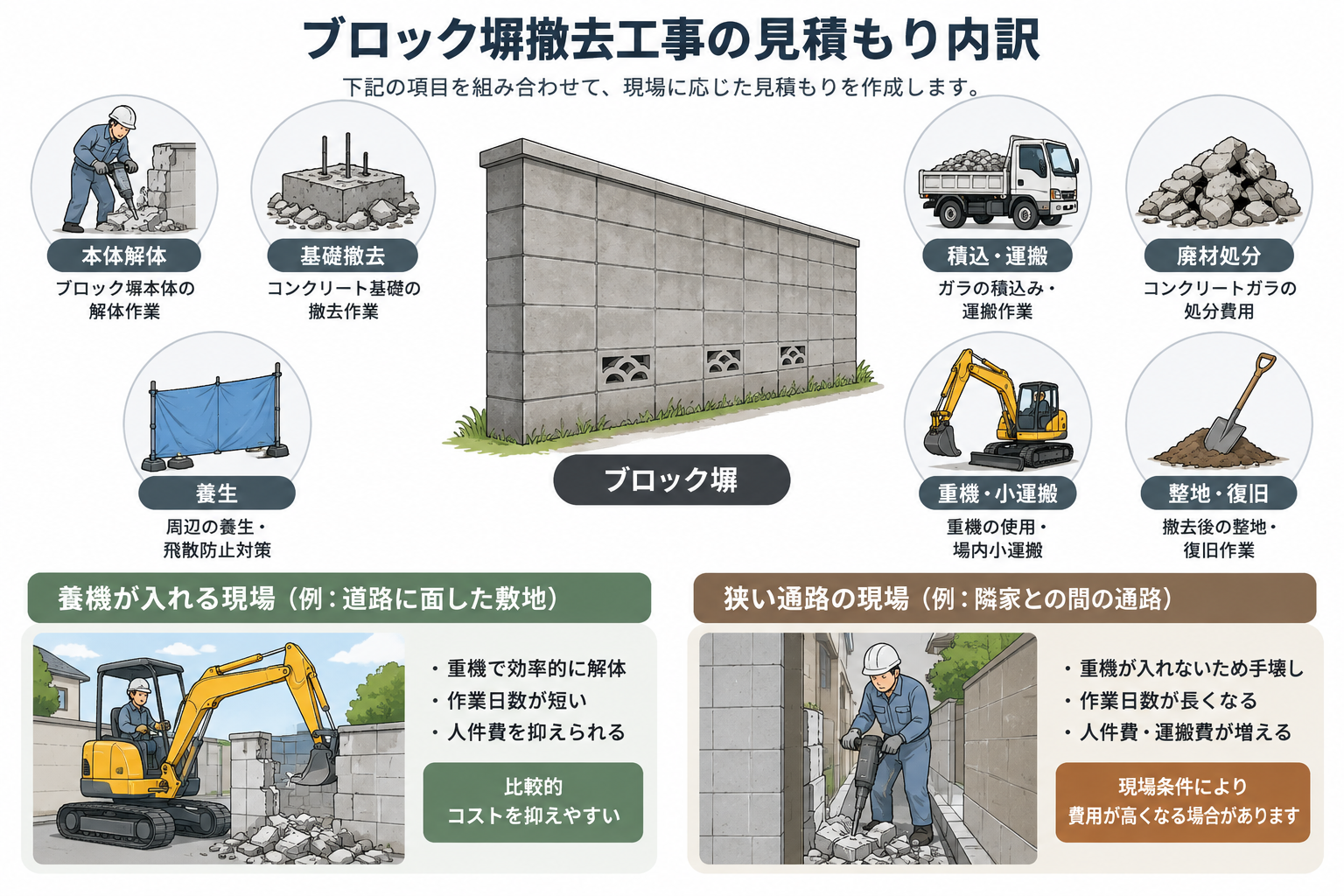 ブロック塀撤去費用の主な内訳と重機・手壊しの違いを示す図