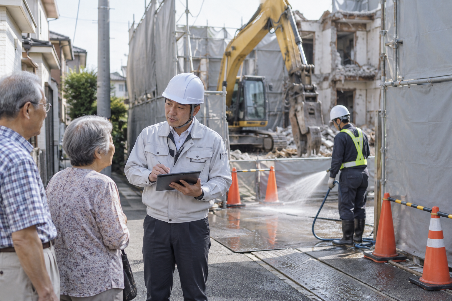 現場責任者が近隣住民の苦情を聞き取り、解体現場の状況を確認している