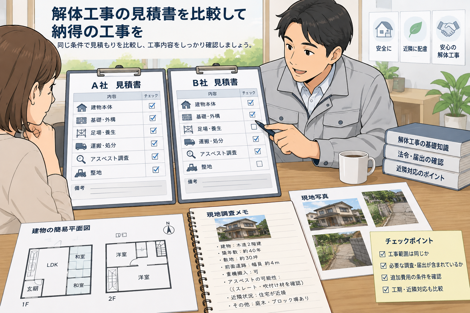解体工事の見積書で建物本体、基礎、外構、養生、廃棄物処分、整地を確認するイメージ