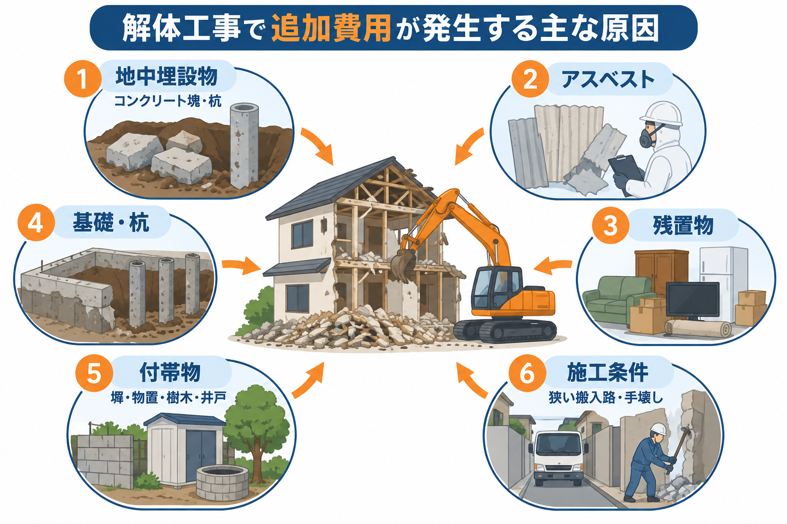 解体工事の追加費用が発生する6つの主な原因を示した図