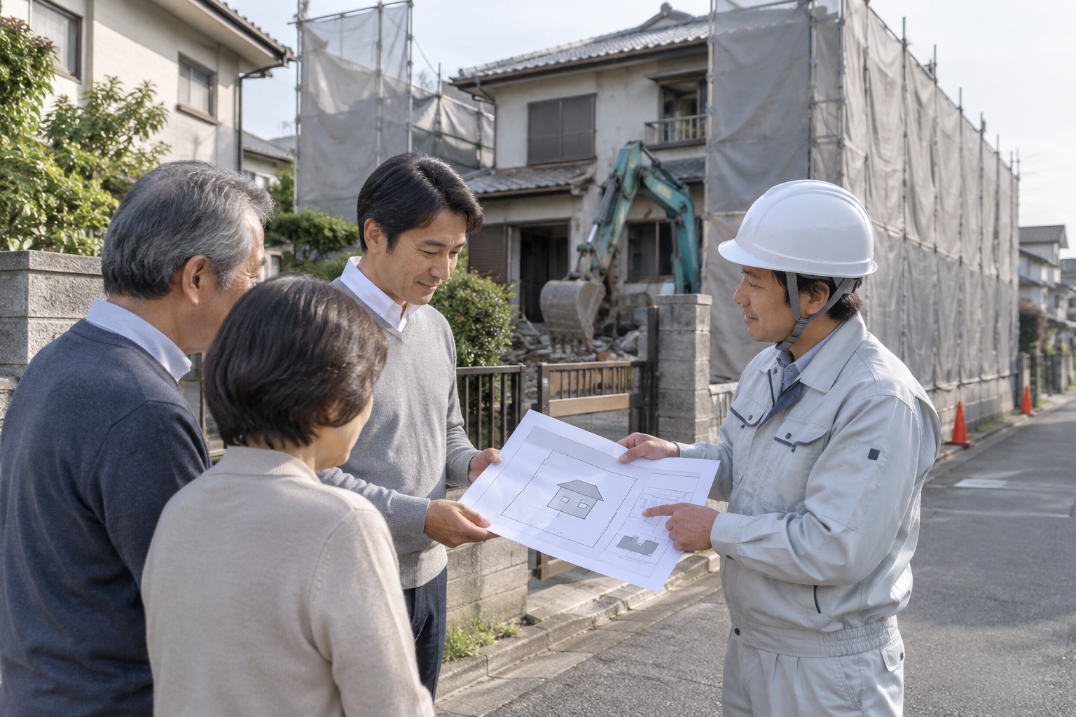施主と現場責任者が近隣住民に解体工事の案内を説明している