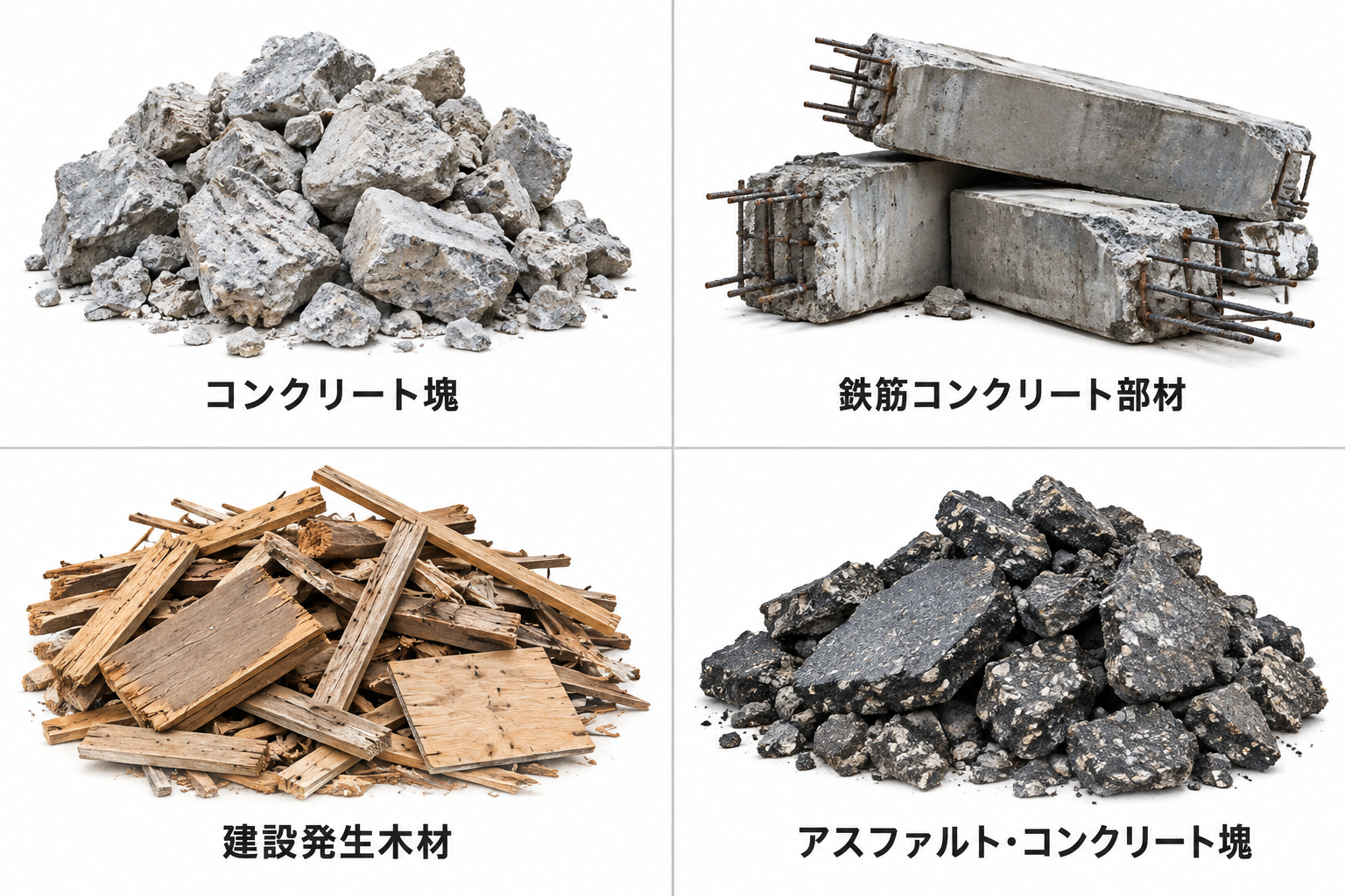コンクリート、鉄とコンクリートから成る資材、木材、アスファルト・コンクリートの4種類