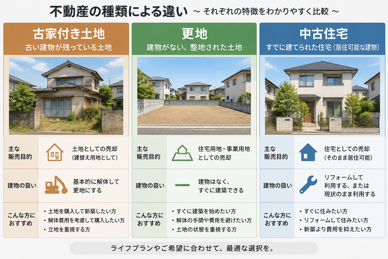 古家付き土地、更地、中古住宅の状態と建物の扱いを比較した図