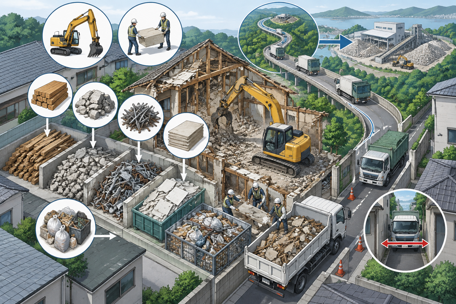 廃材の種類や量、混合状態、運搬距離、道路や搬出条件が処分費に影響する様子