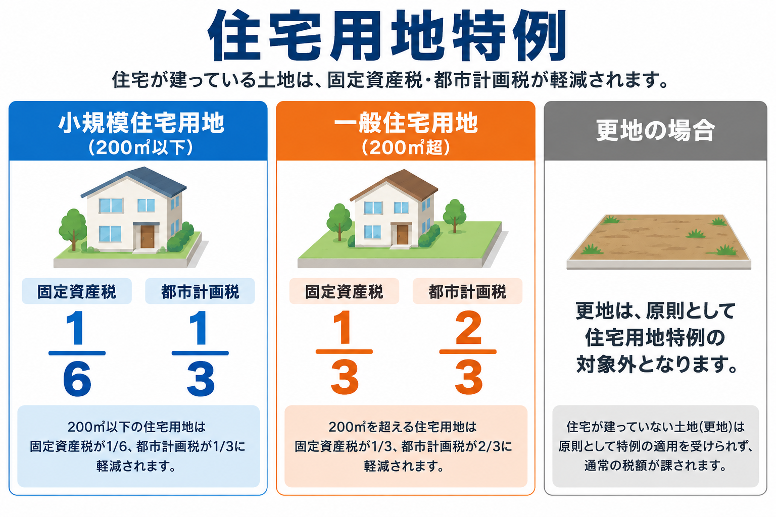 住宅用地特例の小規模住宅用地と一般住宅用地における固定資産税・都市計画税の課税標準割合を示す図