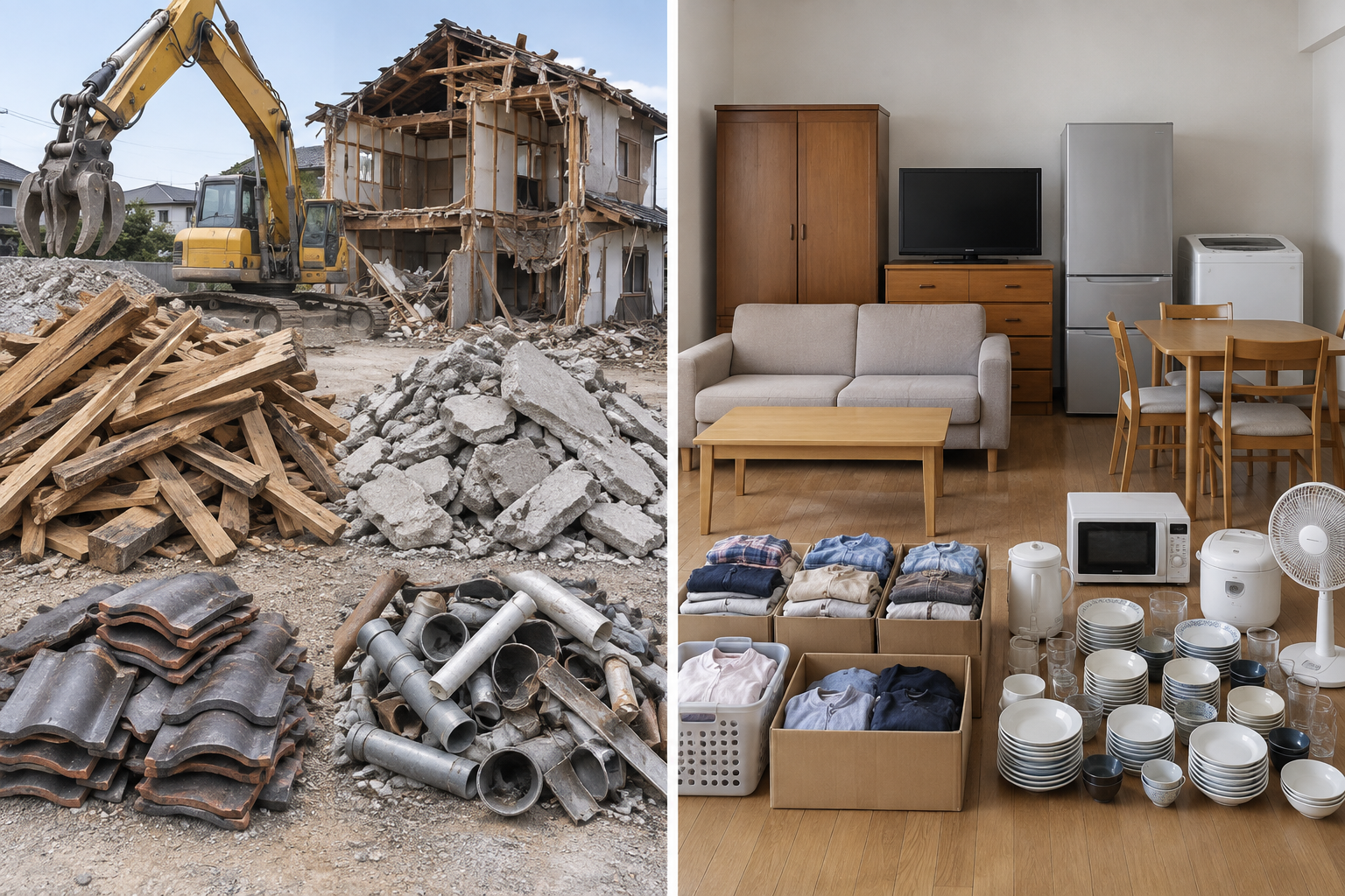 解体廃材と残置物を、建物から発生する材料と室内に残された家具・家電として比較した図