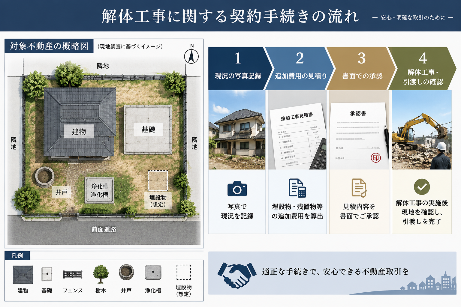 解体範囲を図面や写真で確認し、地中物などの追加工事は見積もりと書面承認を経て進める流れ