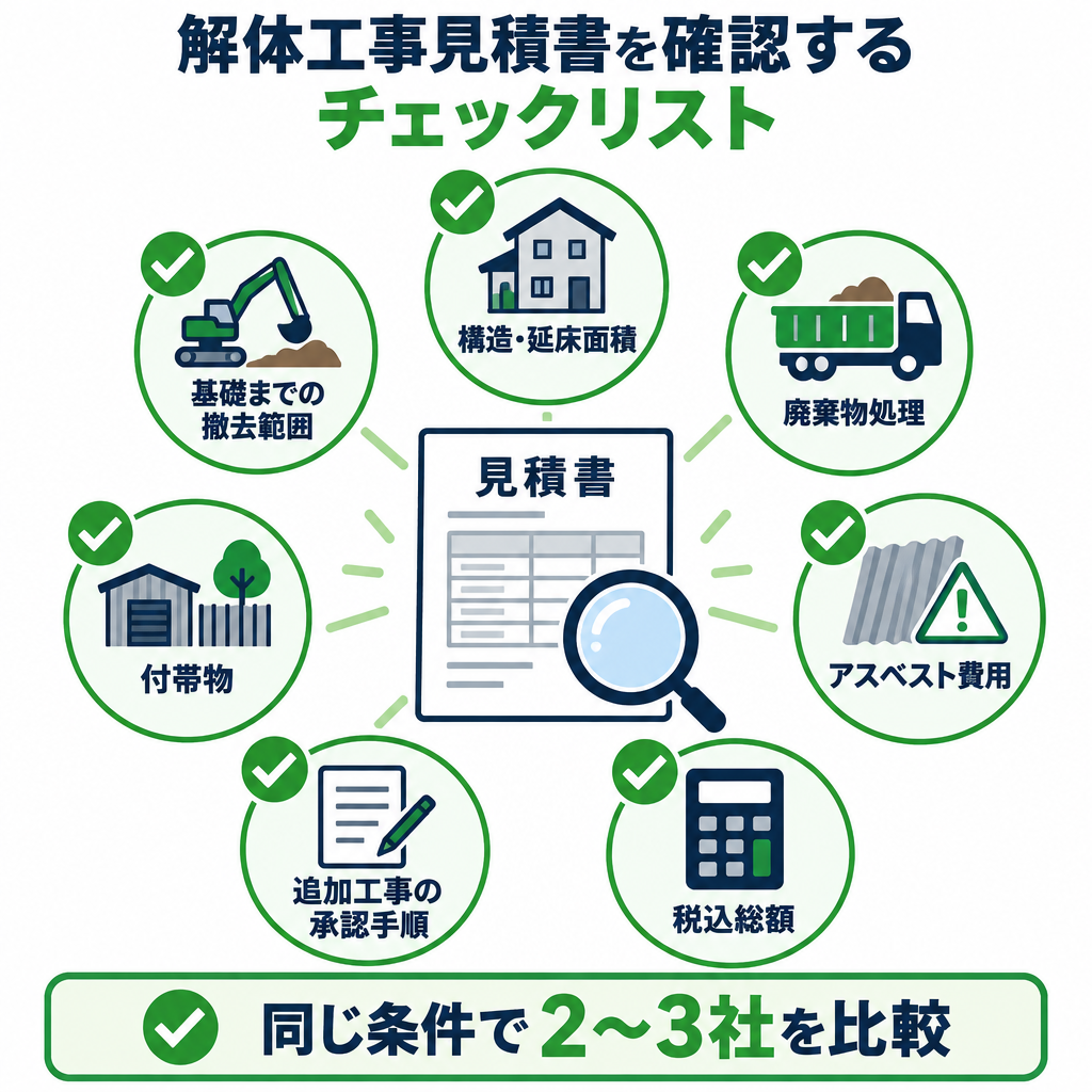 解体工事の見積書で確認する構造、撤去範囲、廃棄物処理、追加工事、税込総額のチェック項目