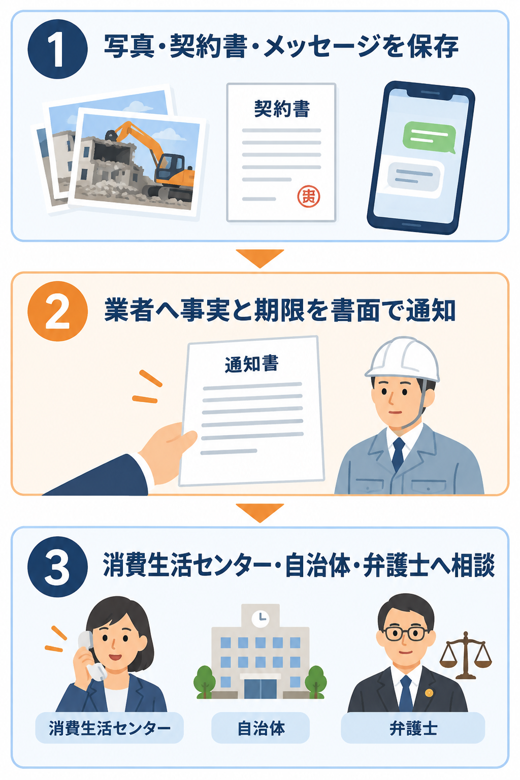解体業者トラブルへの対応手順を示す、証拠保存・書面での是正要求・相談の3段階の図