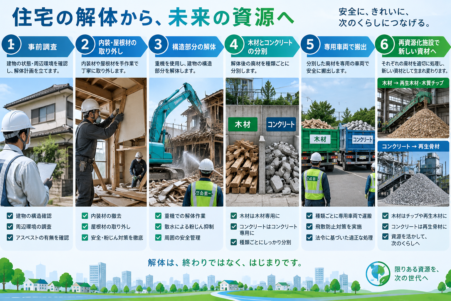 事前調査から資材別の解体、搬出、再資源化までを示す工程図
