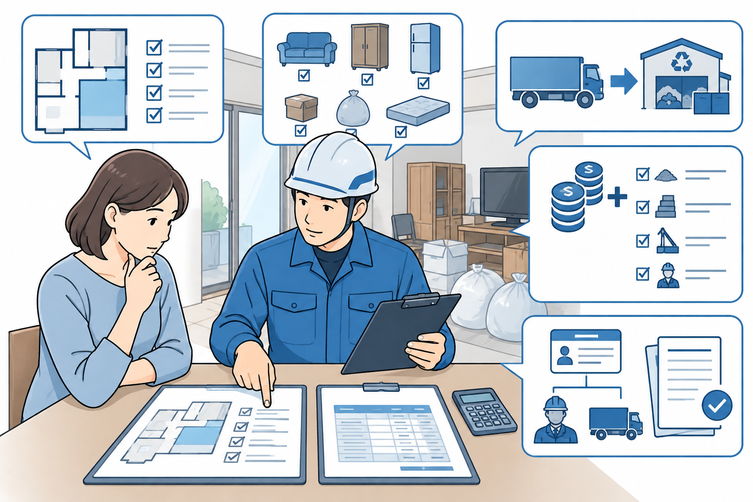解体業者と依頼者が残置物の対象範囲や見積書を確認している様子