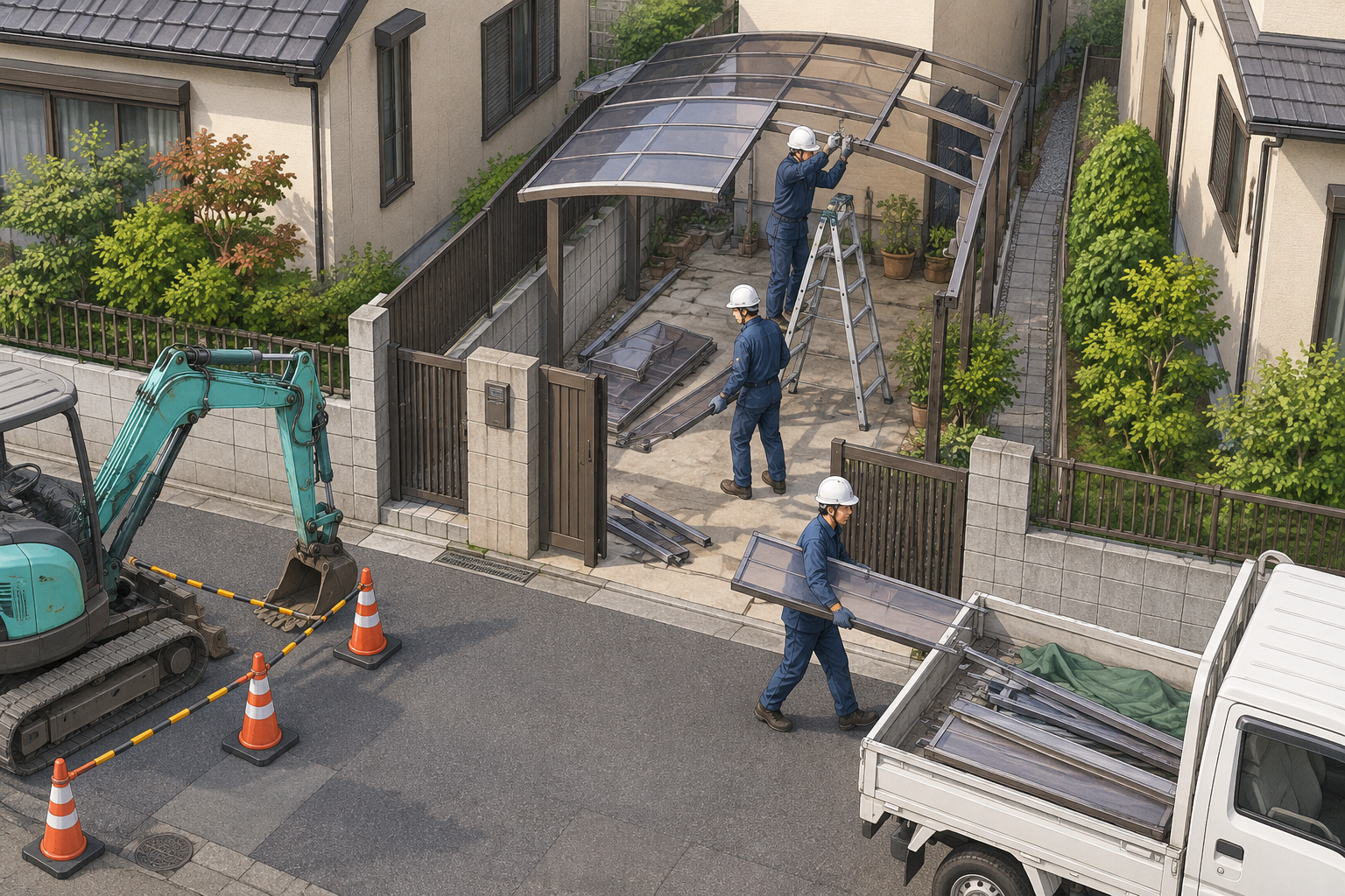 狭い道路や通路、周辺の塀や植栽があるカーポート撤去現場