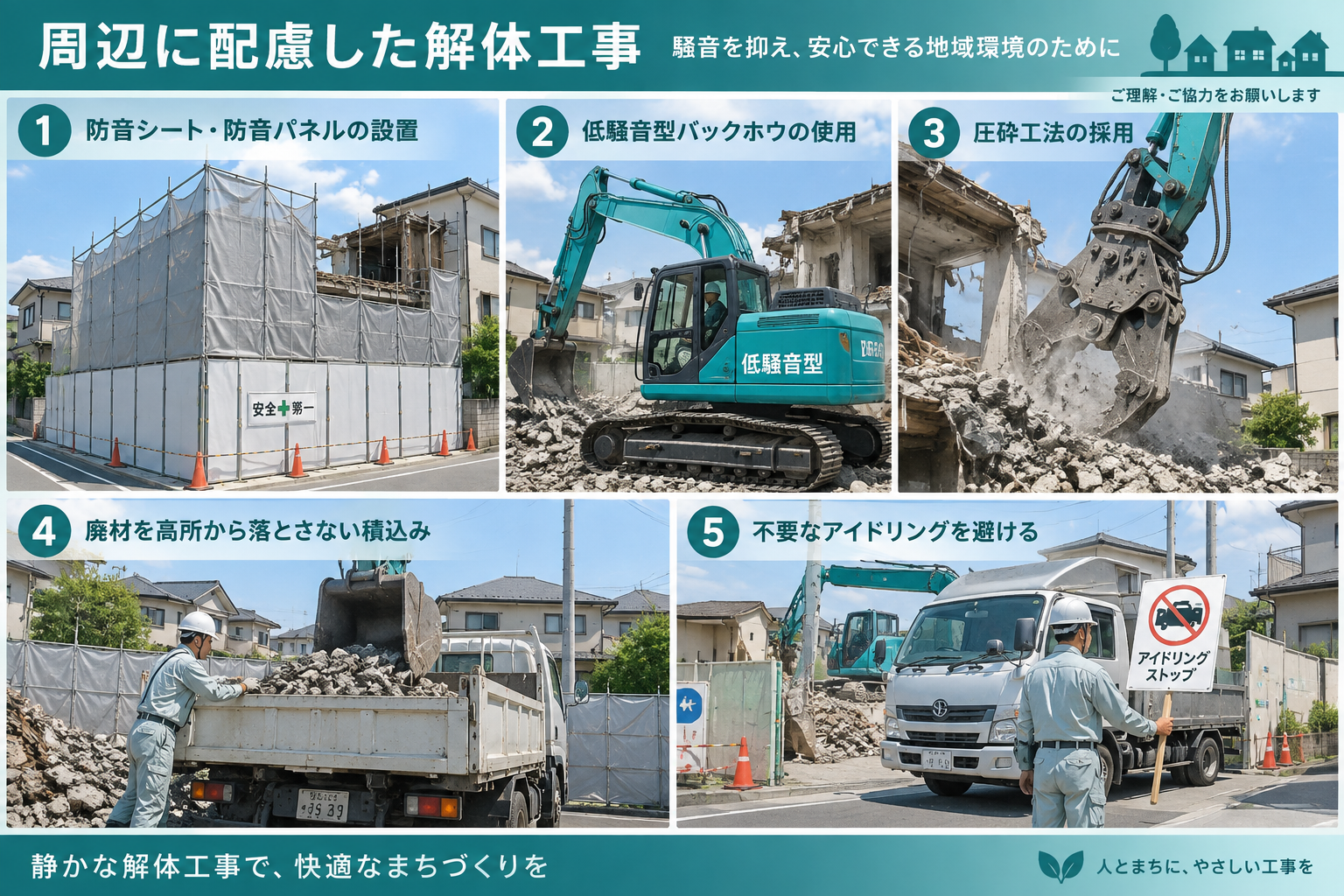 防音パネルや低騒音型重機、圧砕工法などで解体工事の騒音を抑える現場対策