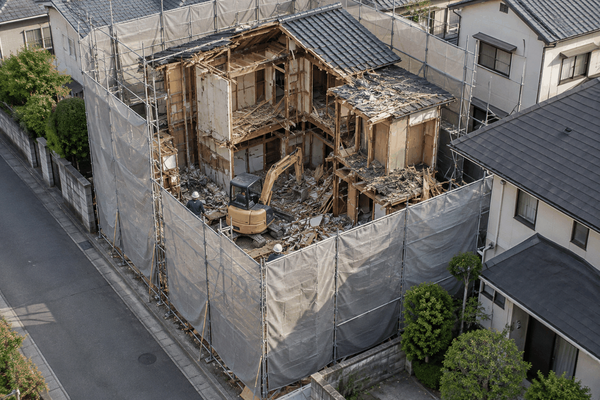 解体建物を囲む足場と養生シートの配置