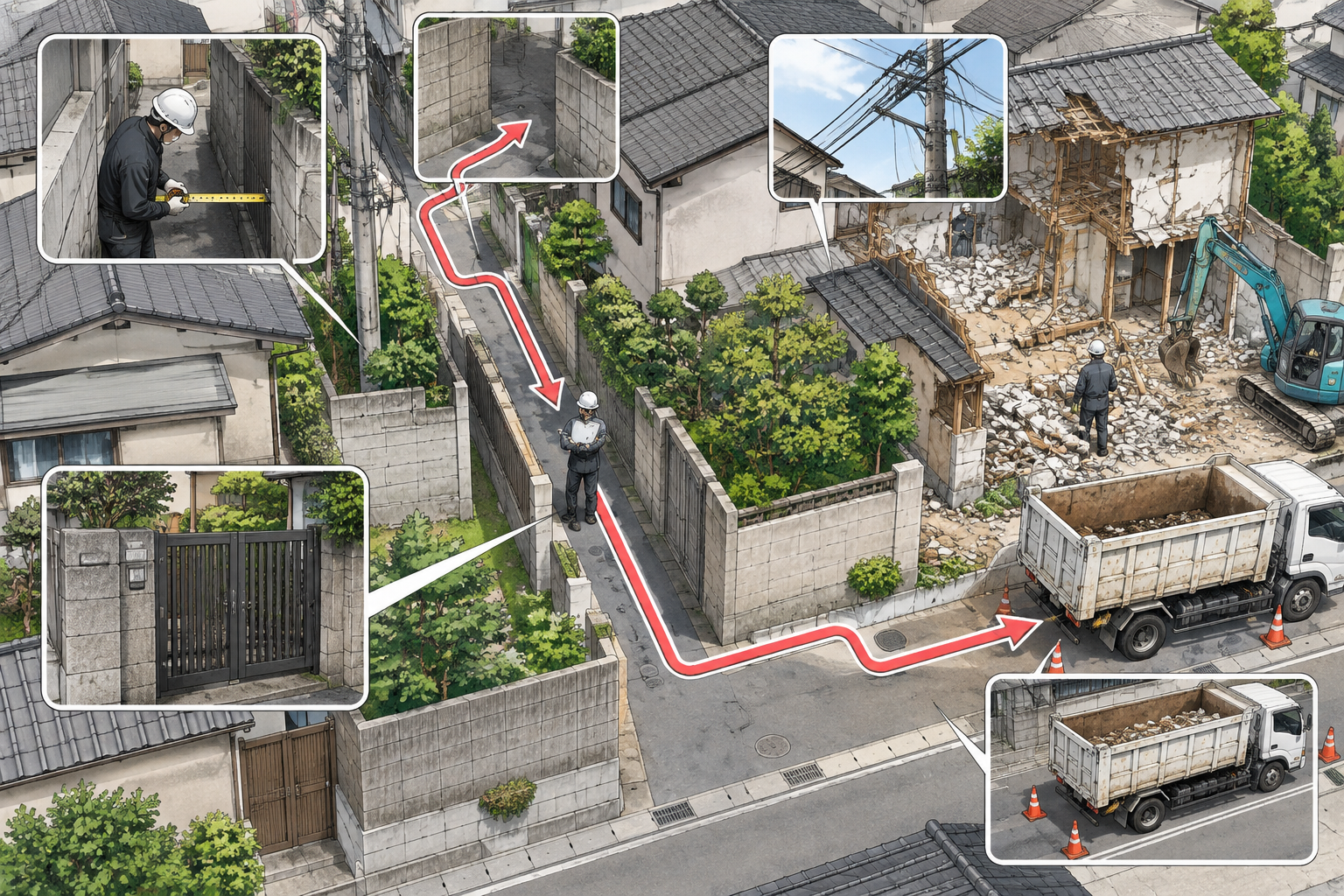解体業者が狭い通路の幅や曲がり角、電線、搬出経路を確認している様子