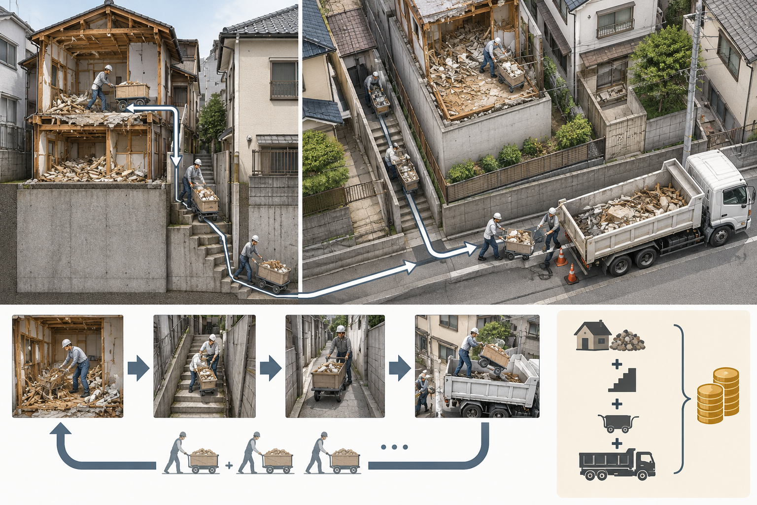 解体した廃材を狭い通路と階段を通って道路側のダンプまで運ぶ作業員