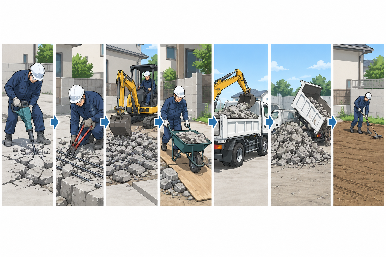 土間コンクリートの破砕から積込み・運搬・処分・整地までの撤去工程