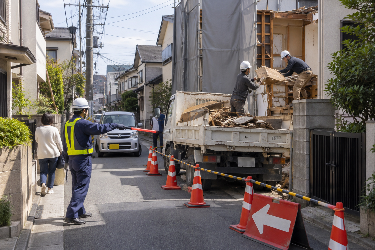 狭い道路で小型ダンプへの廃材搬出と交通誘導を行う解体現場