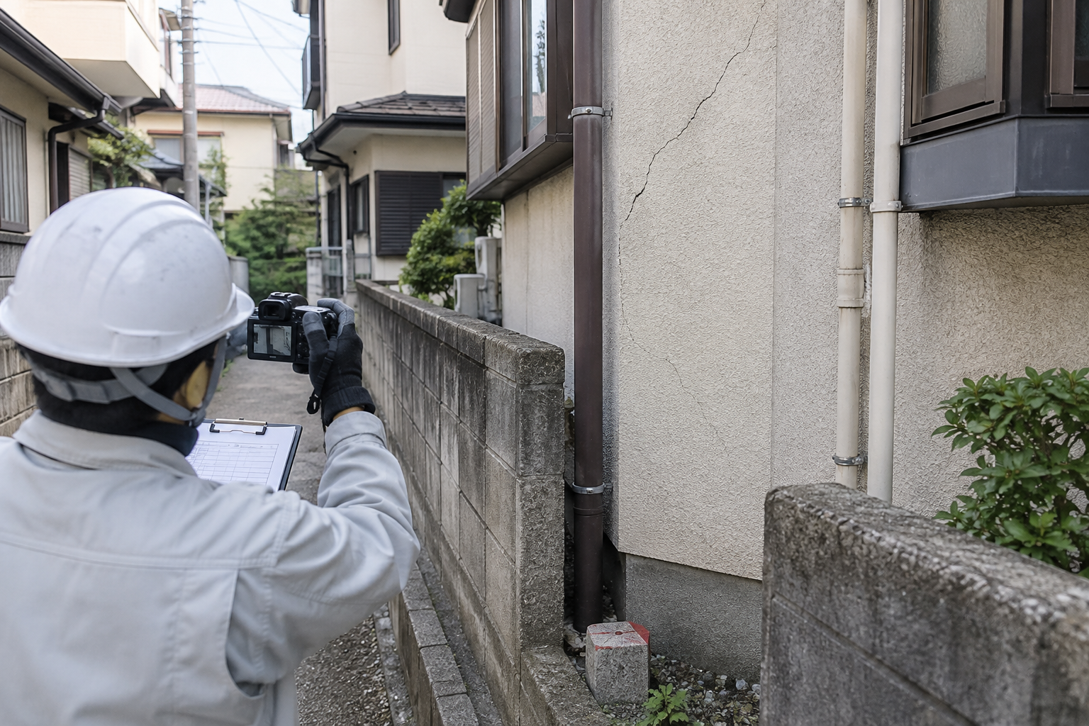 解体前に隣家の外壁や塀、境界付近を確認して写真記録する作業員