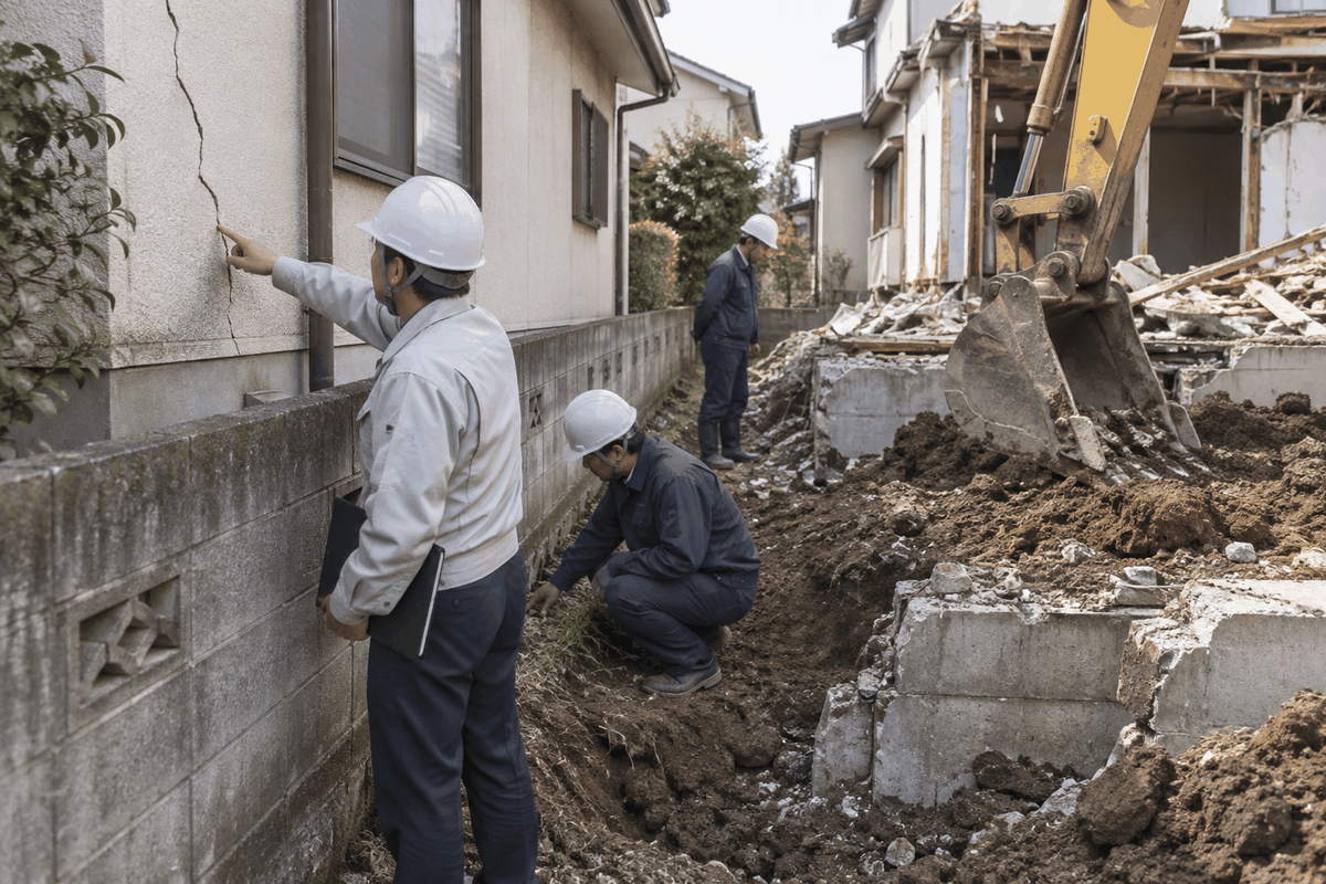 解体現場で隣家の外壁ひび割れと周辺状況を確認する担当者