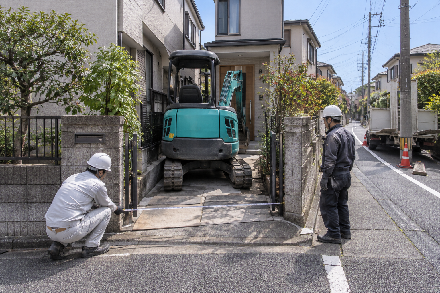 敷地入口や門柱を確認しながら小型重機の搬入経路を測る現場