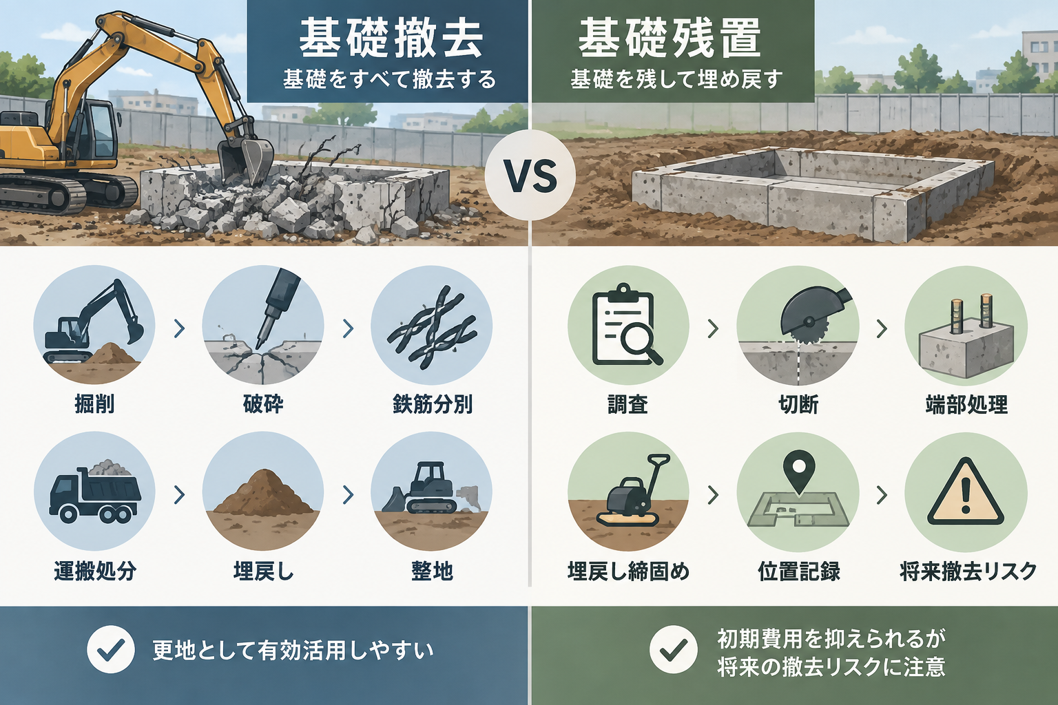基礎を撤去する場合と残す場合に発生する主な費用項目の比較図
