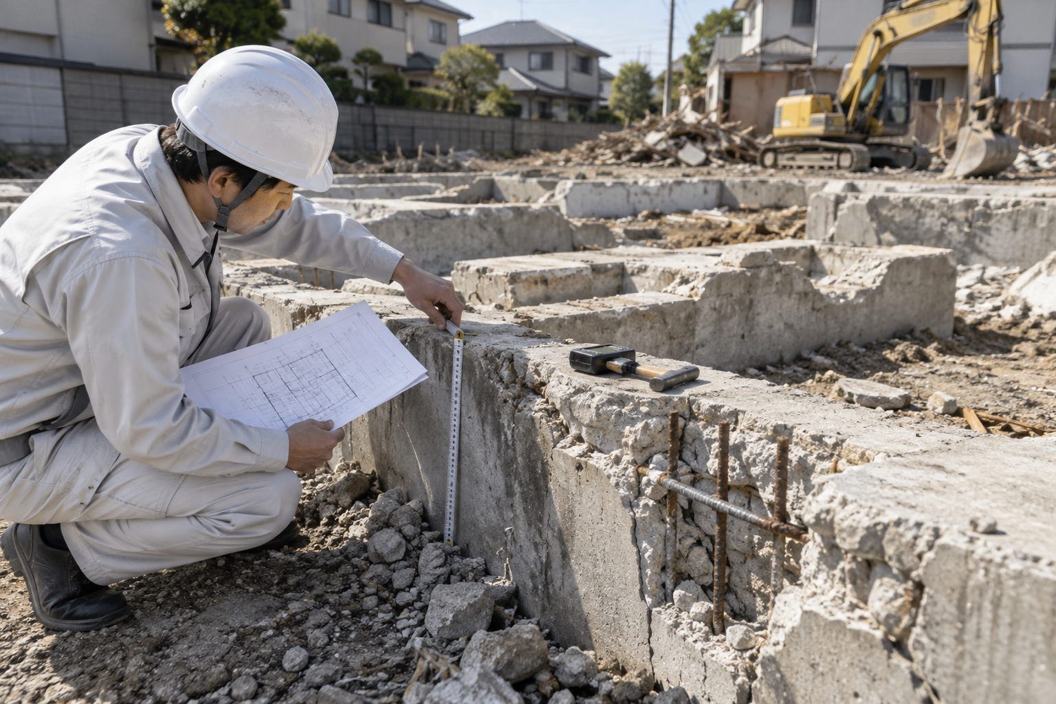 建築士が図面とメジャーを使って解体後の基礎を調査している様子