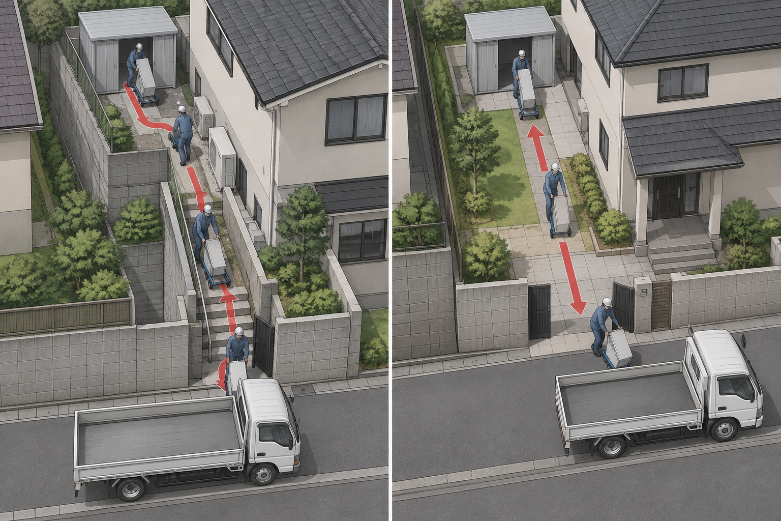 狭い通路と階段を通って物置の解体部材を搬出する作業員