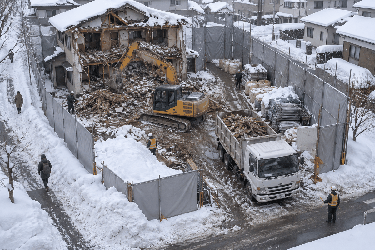 除雪された解体現場で重機と作業員の動線が確保されている様子