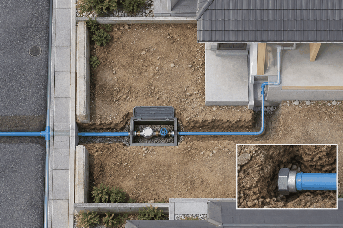 敷地内の水道メーターと給水管の位置関係を示す図