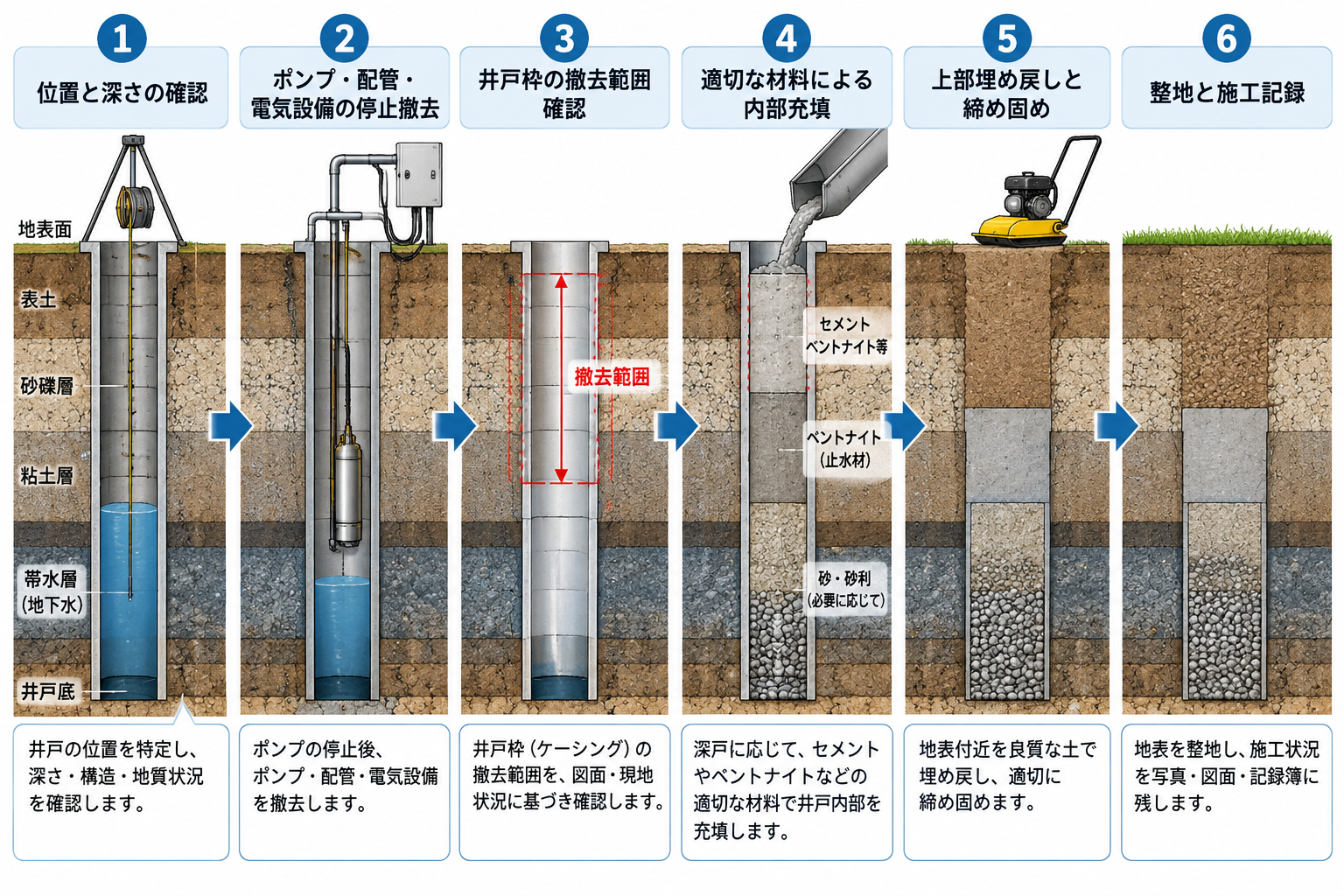 井戸の位置確認から設備撤去、充填、埋め戻し、整地までの工事手順