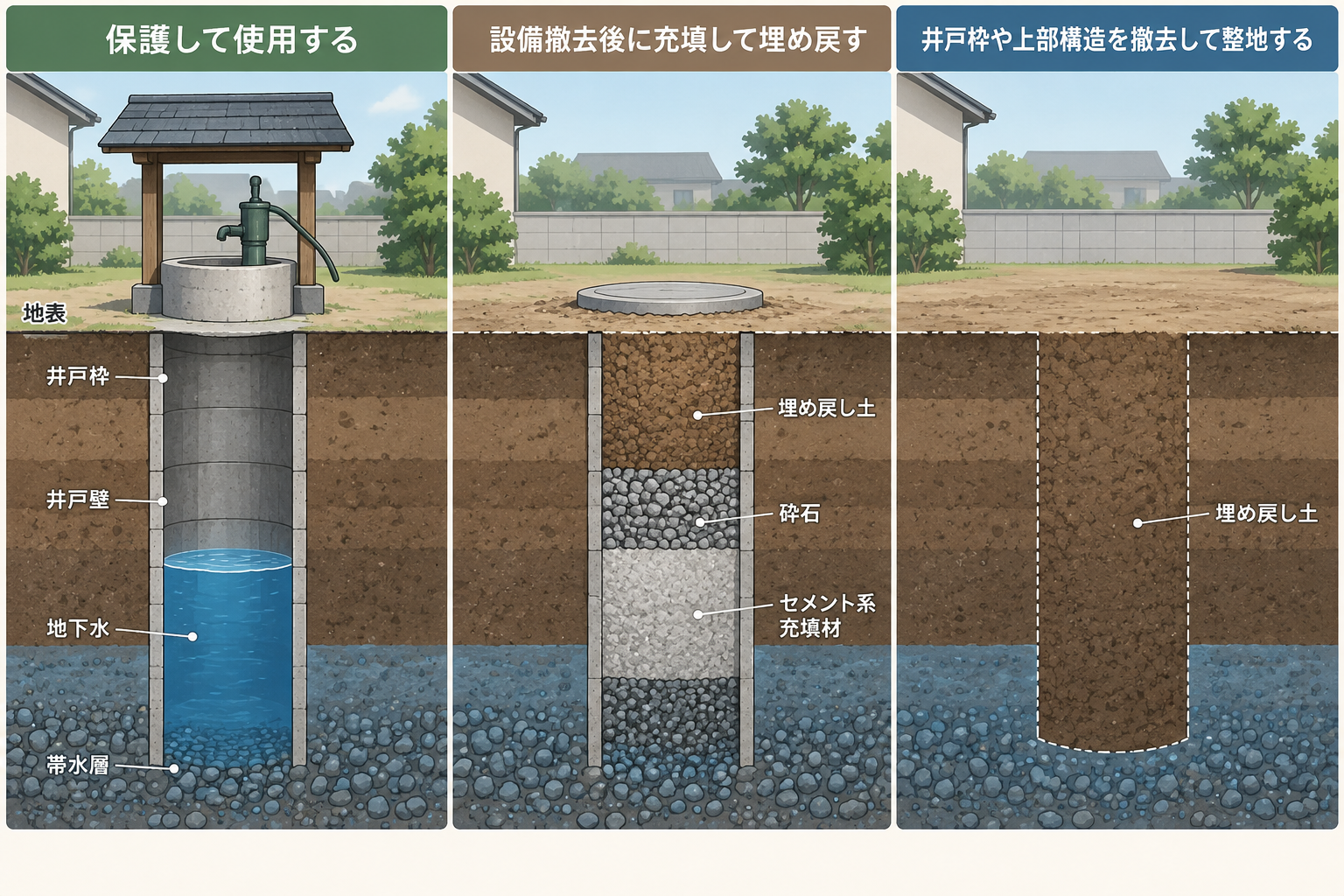 井戸を残す、埋め戻す、井戸枠を撤去する3つの処理方法の比較図