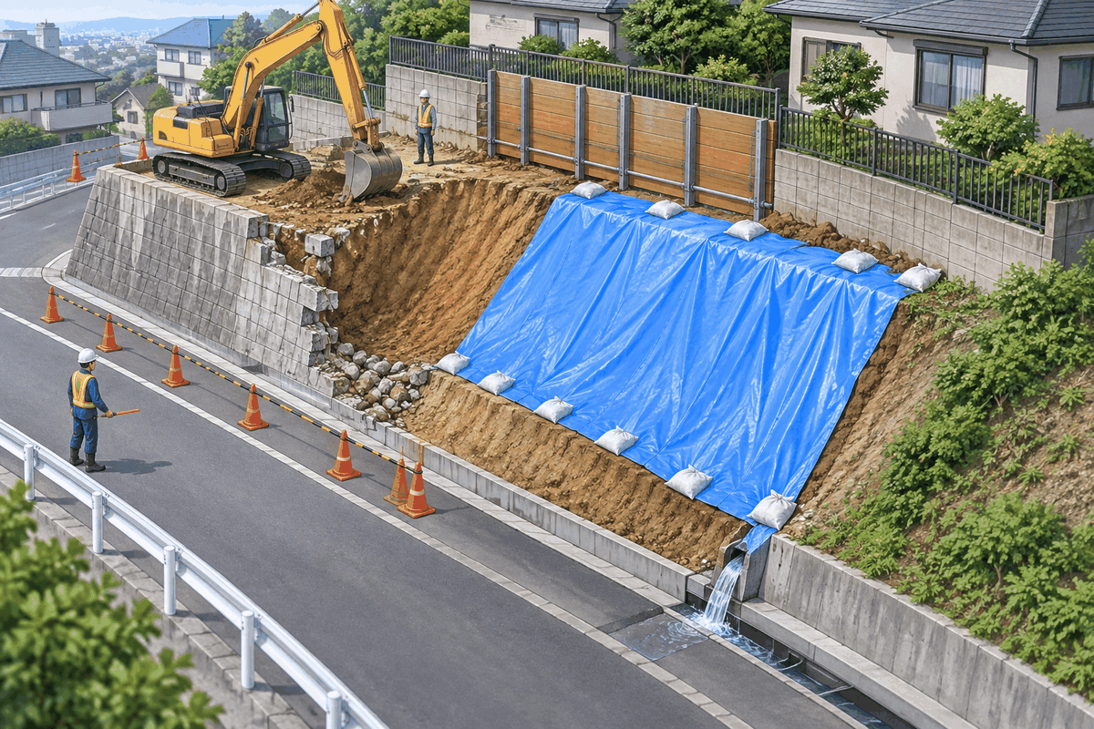 擁壁撤去後の斜面に仮設土留めと排水対策を施した現場